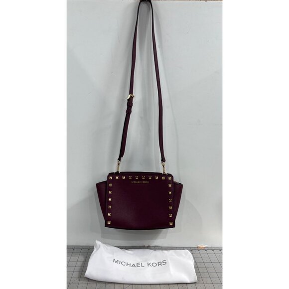 Michael Kors Selma Studded Saffiano Leather Messenger Crossbody Bag Merlot Plum - Picture 8 of 10